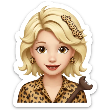 Une fille blonde et joyeuse. Elle porte une coiffure rock et originale avec 3 pinces pour cheveux  léopard et motif peau de vache. sticker