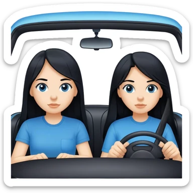 Two girls both with black long hair one with a blue shirt one with a black shirt in a white car driving to a destination sticker