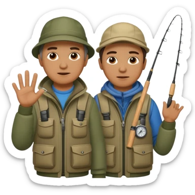 Father and son in fishing gear gesturing that they are cold sticker