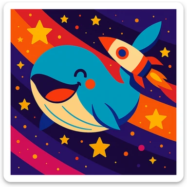 Add a colorful rocket ship flying near the happiest whale in space, maintaining the vibrant, joyful style and cosmic background. sticker