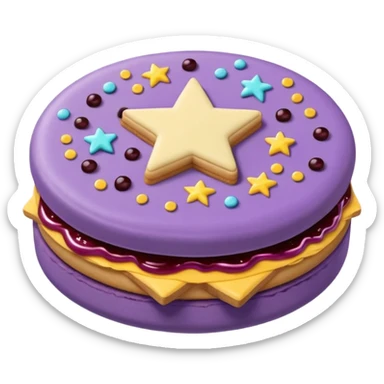 a pastel purple sandwich cookie with soft crumbly texture, a star-shaped jam cutout in the center showing glossy dark berry filling, and creamy filling with colorful sprinkles. Minimal emoji style, smooth shading, high detail, centered object, no background, sweet playful vibe sticker