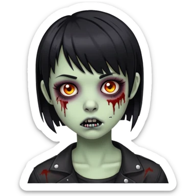 zombie girl with a black short hair, middle bangs, labret piercing, and emo style sticker