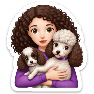 create a white curly haired girl (the hair is dark brown) hugging her poodle mini dog  sticker