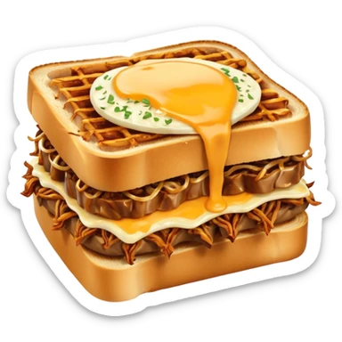 BBQ pulled pork frisco melt on texas toast with crispy onions, no egg on top sticker