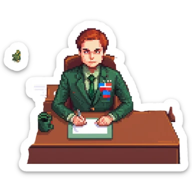 Russian Ministry of Finance employee dealing with sanctions, detailed, professional attire, serious expression, office setting, Russian flag elements subtly included, green color scheme sticker
