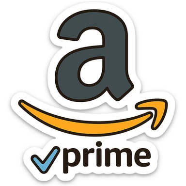 Add an Amazon Prime element such as a blue checkmark or 'Prime' swoosh to the Amazon logo inspired icon. Keep the style modern and simple with no background. sticker