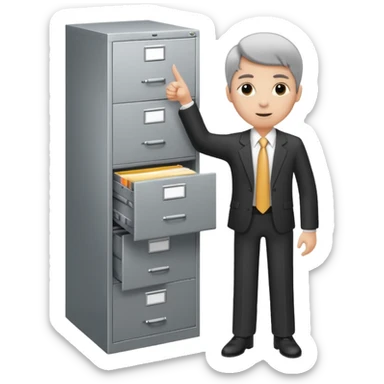 A person in business attire pointing to a tall filing cabinet, indicating document organization. sticker
