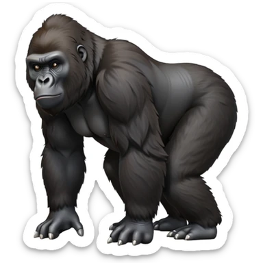 cinematic-gorilla-realistic-full-body-on-all-fours-emoji,-exuding-strength,-thick-dark-fur-in-the-light,-head-tilted-dramatically,-deep-friendly-eyes-filled-with-intense-intelligence,-simplified-yet-realistic-focused-features,-highly-detailed, zoomed out friendly  sticker
