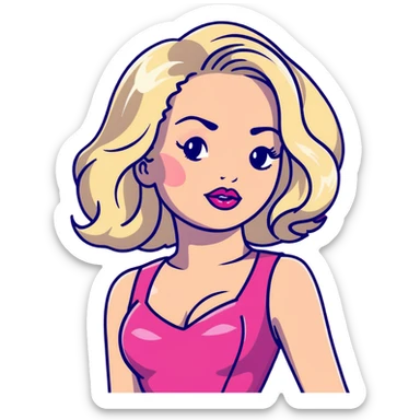 gorgeous woman with platinum wavy blonde hair with big puffy pouting burgundy lips, makeup, wearing a pink leather dress with cleavage, swaying her hips sticker