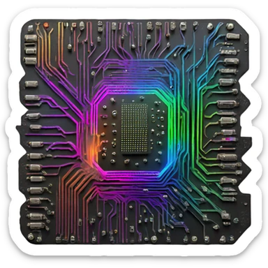 circuit board with rainbow lights, microchip, glowing lights, rgb, black circuit board sticker