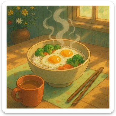 a whimsical breakfast scene in ghibli style, featuring a steaming bowl of rice, eggs, and vegetables, with soft lighting and gentle colors sticker