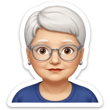 Create me emoji of an old mid-fat lady. Short white hair to left side. Square glasses. Brown eyes. No earings sticker