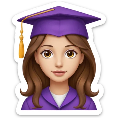 beautiful  woman normal skin with more wavy long brown with higlight  hair and hazel eyes with purple school hat sticker
