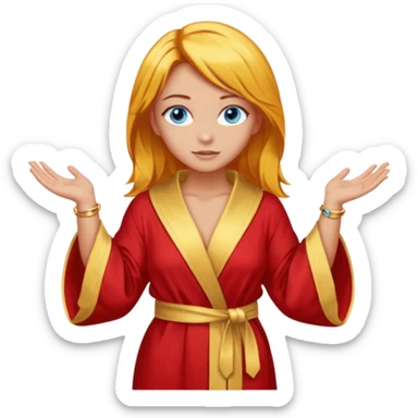lightly tanned skin, blue eyes, cute and sexy girl with bright yellow-brown hair in a few shades of red robe, golden rings, slight cute makeup, full body, slightly turned aside pose, hands hidden behind back sticker