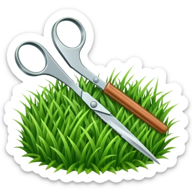  a pair of scisors cutting grass with sticker
