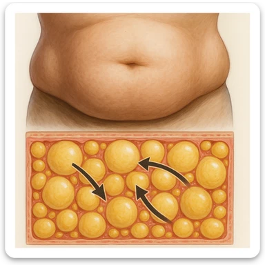 realistic belly with stubborn fat, cross section showing resistant adipocytes, medical style, natural colors, cellular details, arrows indicating resistance sticker
