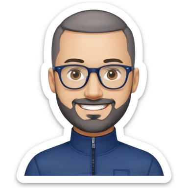Smiling 40-year-old man with light skin, buzzcut-style very short black hair, gray beard, black glasses, wearing a navy blue athletic zip-neck long sleeve shirt sticker