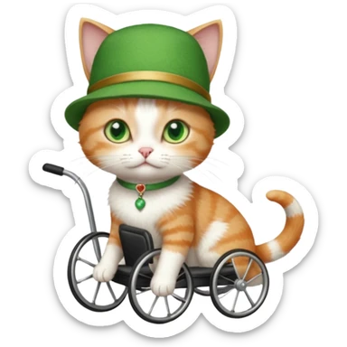 full body small short hair ginger and white cat with green eyes walking in a wheelchair for cats sticker