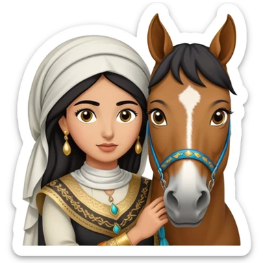 Middle Eastern woman with black and well defined eyebrows wearing a traditional dress holding into a horse  sticker