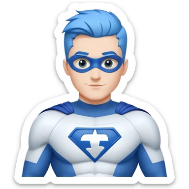 Emoji of a friendly, clean-shaven man with blue hair, wearing a minimalist blue and white superhero suit. The suit has a large blank area on the chest for a logo, uses only blue and white colors, and has minimal details. Cheerful expression sticker