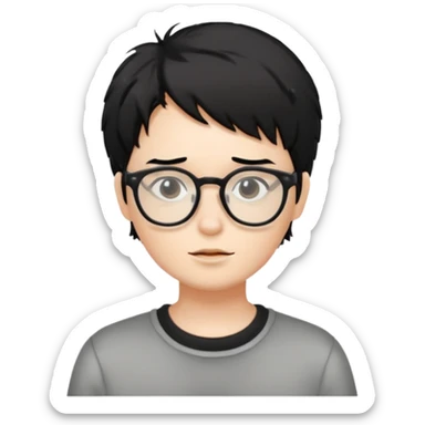 Cabelo bagunçado meio pequeno preto com cor de pele branca e com oculos sticker