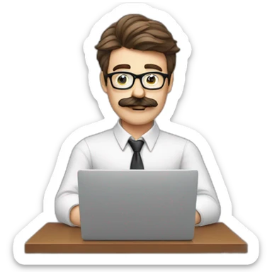 a nerd guy typing infront of laptop with moustache sticker