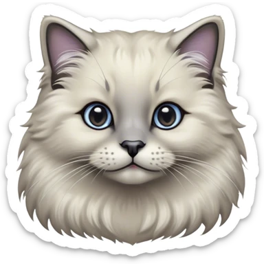 Cinematic Adorable Fluffy Grey Seal Ragdoll Cat Portrait Emoji, Head tilted gracefully with large, sparkling eyes, soft grey fur with darker seal points on the ears, face, and paws, Simplified yet majestic features, highly detailed, glowing with a soft, warm glow, high shine, calm and affectionate, stylized with a touch of elegance, bright and endearing, soft glowing outline, capturing the essence of a regal and loving kitty, so serene it feels like it could glide across the screen with its dignified presence! sticker