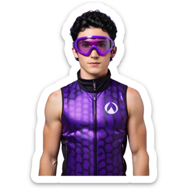male athlete with white skin and moderately curly black hair on top with shaved sides, wearing ski goggles with purple frames and very dark black lenses, a simple plain black chain necklace, and a completely unzipped sleeveless vest with purple and black sequin fire pattern design with no logo or brand emblem, fully revealing his chest, shoulders and arms, no earrings sticker