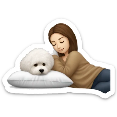 white pillow and a blanket, a white-skinned, brown-haired woman is sleeping with a little Bichon Friese sticker