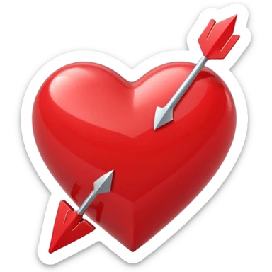 Apple-style 3D illustration of a glossy red heart pierced by a horizontal double-ended arrow. One end of the arrow has a small female symbol, the other end has a small male symbol. The heart is centered, shiny, with soft shadows, floating on a clean white background, minimal and emotional design sticker