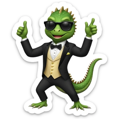 capitalist iguana banker in tuxedo and black sunglasses dancing crazy thumb up sticker