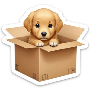  A very cute young Golden Retriever  with one's head tilted to one side poked its paws out of the cardboard big box and placed them on top of it sticker