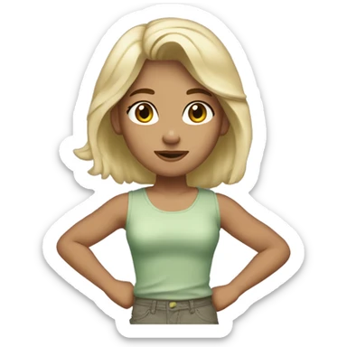 A 4,10 girl looks 5/10 blonde brown hair grey tank top will pale green Chicargo pants hazel eyes  sticker