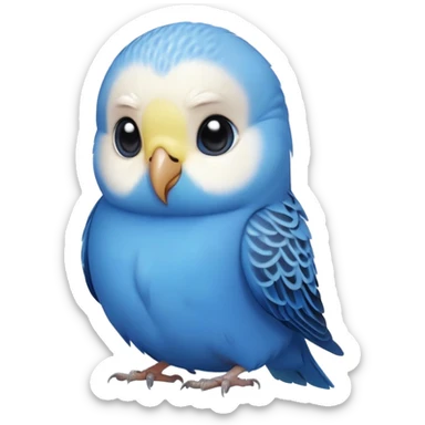 cinematic-cute-blue-budgie-portrait-emoji,-head-tilted-playfully-and-inquisitively,-featuring-a-brilliant-blue-feathered-fur-and white face-with-a-natural-sheen,-round,-sparkling-dark-eyes-filled-with-curiosity,-simplified-yet-irresistibly-adorable sticker