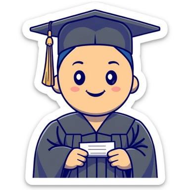 successful graduate student, cap and gown, diploma, happy sticker