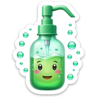 White and green pump bottle glowing with soft bubbles and sparkles. Surrounded by a dewy mist and green aura, symbolizing hydration and gentle cleansing. Potion-like, glossy, emoji-style sticker