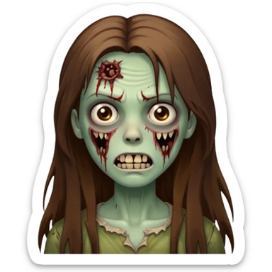 Girl zombie with brown long hair with teeth and serious face IOS style sticker