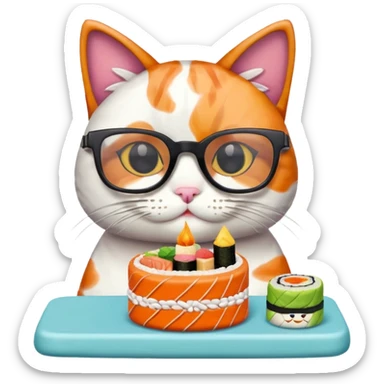 cat with cool square glasses eating a birthday cake made out of sushi sticker
