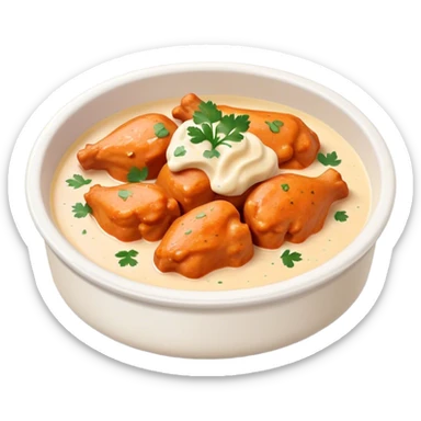 Butter Chicken Cinematic Realistic Butter Chicken Dish Emoji, depicted as tender chicken pieces sliced up and bathed in a creamy white sauce garnished with fresh cilantro, rendered with rich textures and vibrant, appetizing lighting. sticker