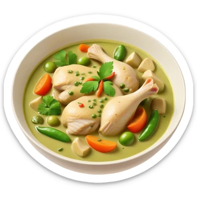 Cinematic Realistic Green Chicken Curry Dish Emoji, depicted with tender chicken simmered in a fragrant green curry sauce with vegetables rendered with rich textures and dynamic, vibrant lighting. sticker