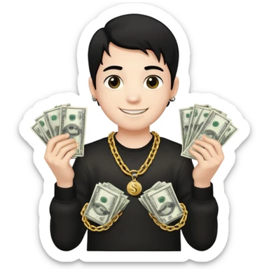 Has un chico con mucha plata en sus manos y en su alrededor, Con una cadena que diga "JovenBallin" y que tenga pelo negro y sea piel blanca sticker