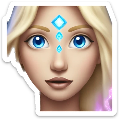 magical diva with thin pink andromedan face long blonde hair and blue eyes glowing third eye sticker