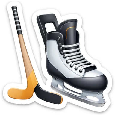 Please, make An icon featuring The background shows a packed stadium with cheering fans, bright arena lights, and an icy rink and close-up shots of key hockey equipment: a hockey stick, puck, and skates. Transparent background highlights the essentials of the game and the thrill of the sport. sticker