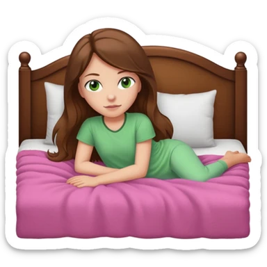Girl with medium white skin tone and greens eyes and long brown hair laying in bed with a tan padded headboard and pink fuzzy blanket sticker