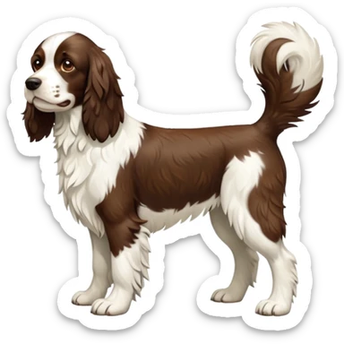 cinematic-[Springer Spaniel]-realistic-full-body-standing-emoji,-tail-resting-loosely-beside-its-paws,-head-tilted-dramatically, -scruffy-[brown and white]-fur,-simplified-yet-realistic-focused-features,-highly-detailed,-glowing-with-an-almost-sarcastic-glow sticker