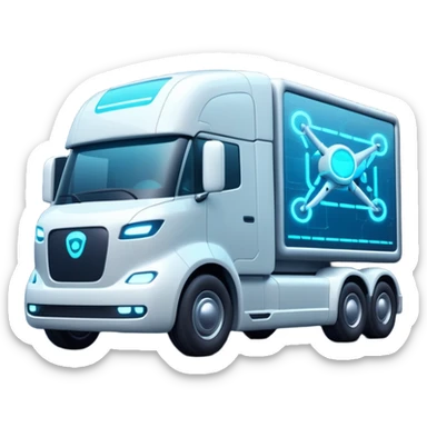 create a realistic emoji of a futuristic warehouse automation, autonomous trucks, smart drones, and glowing data networks — cinematic lighting, innovation atmosphere. sticker