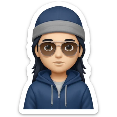 generate a fair pretty bratz boy wearing a dark blue cap with black sunglasses and a grey hoodie

hair black long sticker