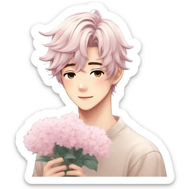 Gorgeous pastel anime style shojo guy with blushing face and flowers aesthetic trending style outside sticker