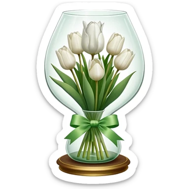 White tulips in case, with a green ribbon sticker