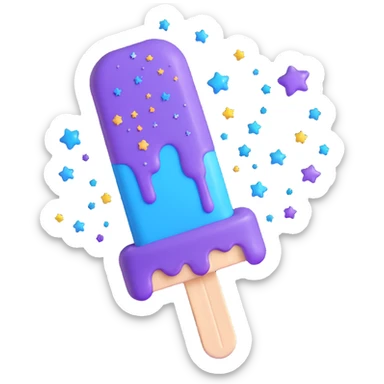 A 3D iOS style emoji of a melting popsicle with a purple and blue color scheme, surrounded by stars and sparkles. sticker